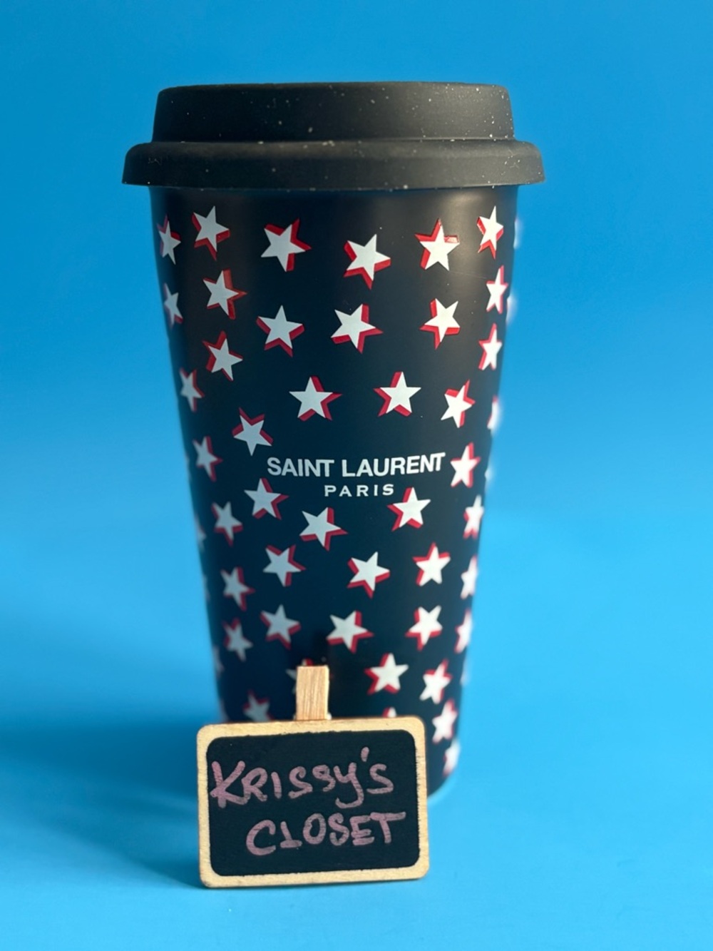 Saint Laurent Black Travel Cup with White and Red Star Motif - Limited Edition